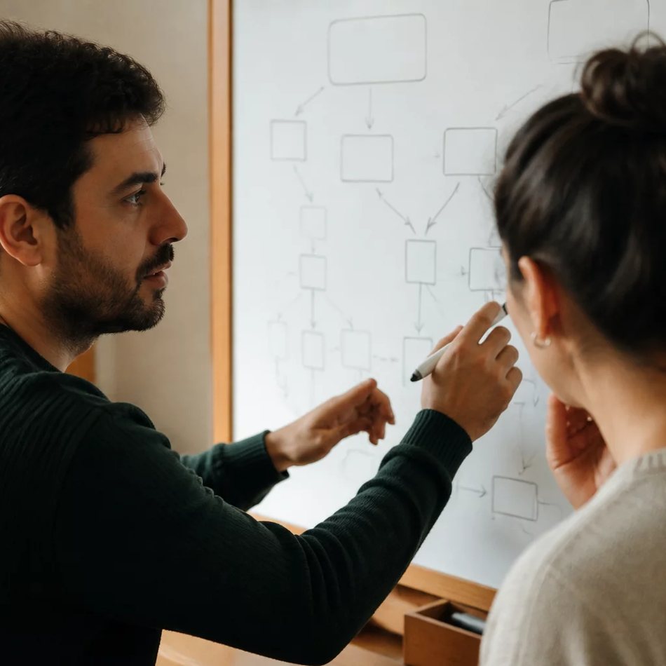 Duas participantes de pé junto ao quadro branco, desenhando as partes de um argumento