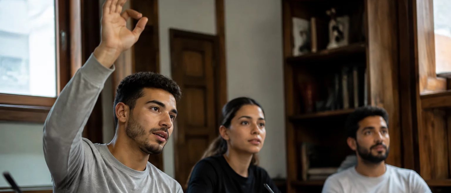 Participante com a mão erguida pedindo a vez, à mesa coberta de folhas escritas